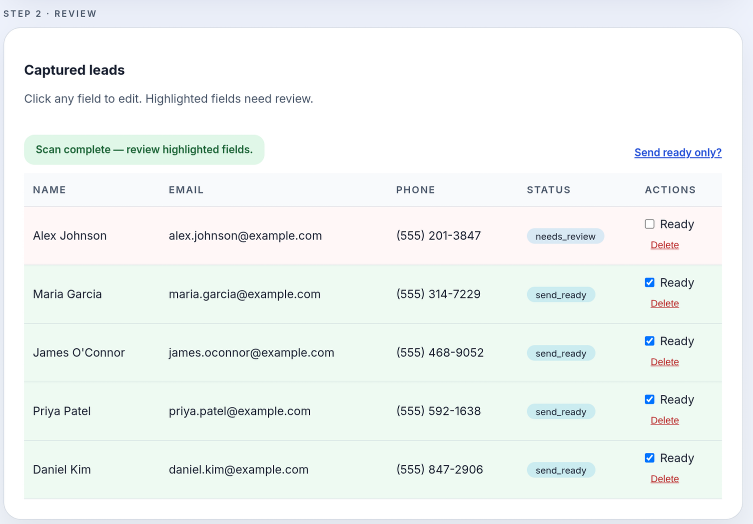 After: a cleaned contact list ready to send